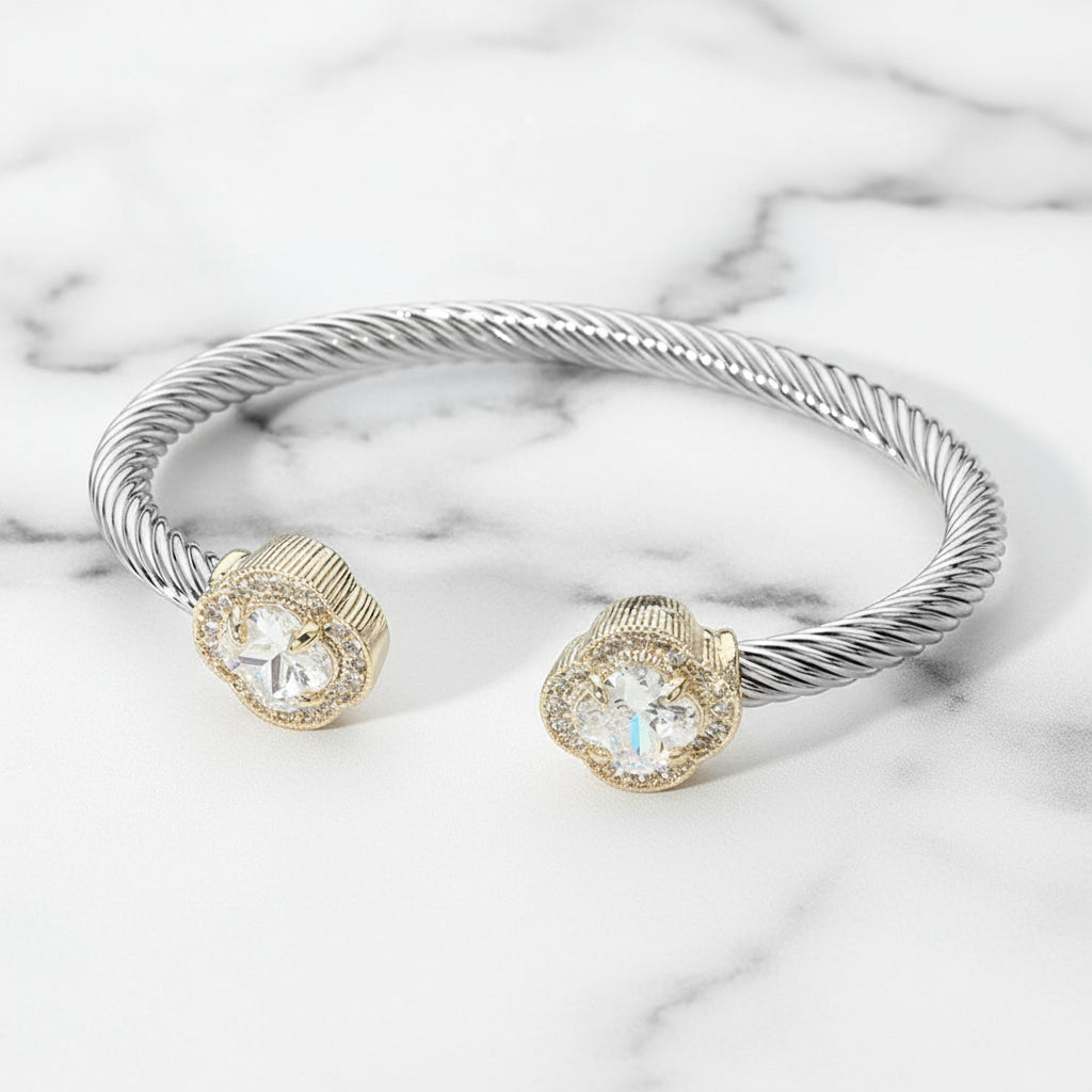 Luxe Quatrefoil Twisted Cable Cuff Two-Tone Stone Tip Bangle
